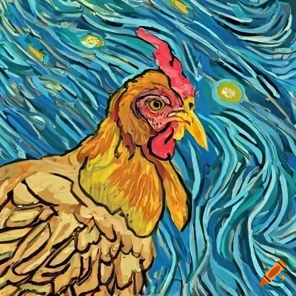 Chicken in the style of van gogh's self-portrait with bandaged ear on