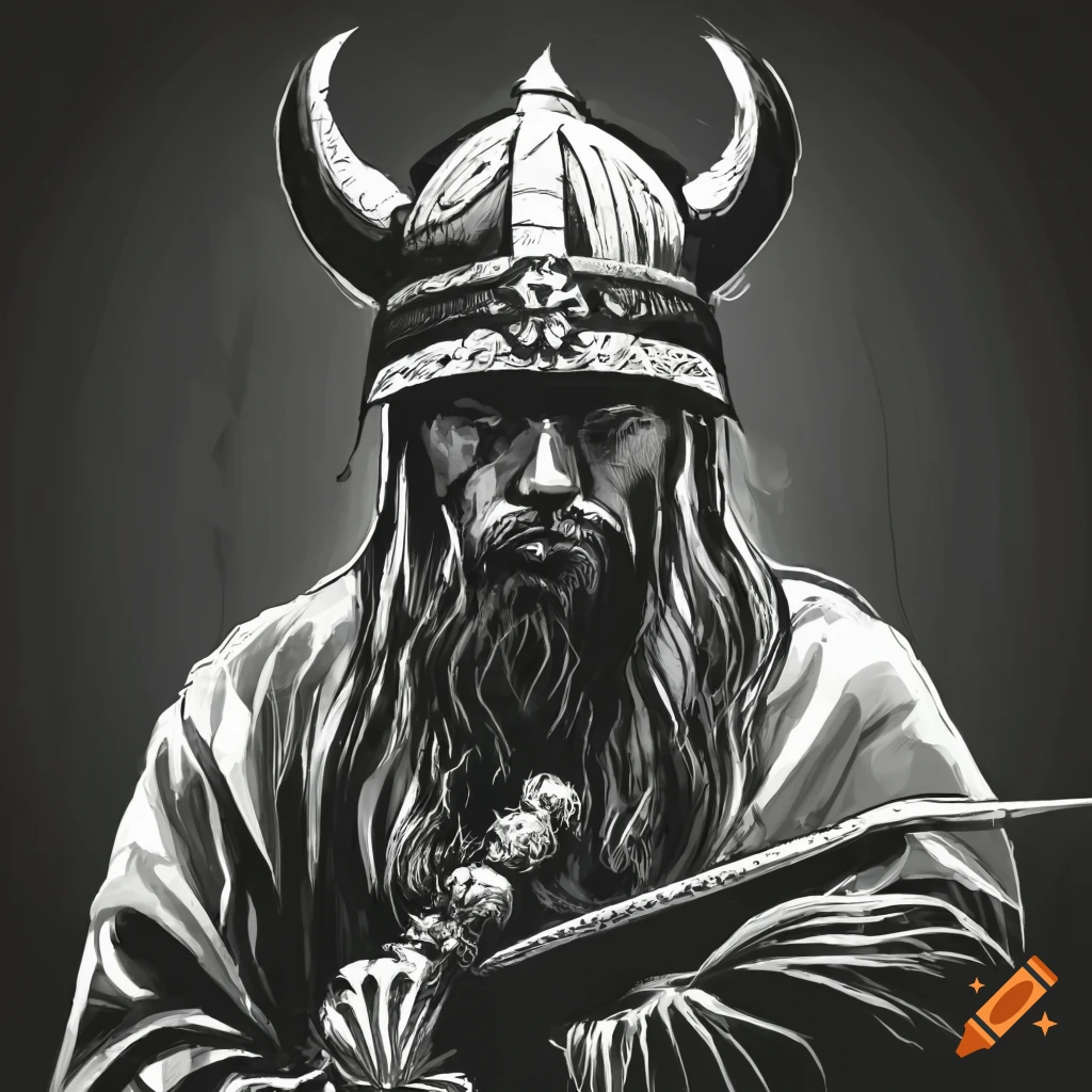 Vietnamese man wearing viking helmet in Chinese ink painting style