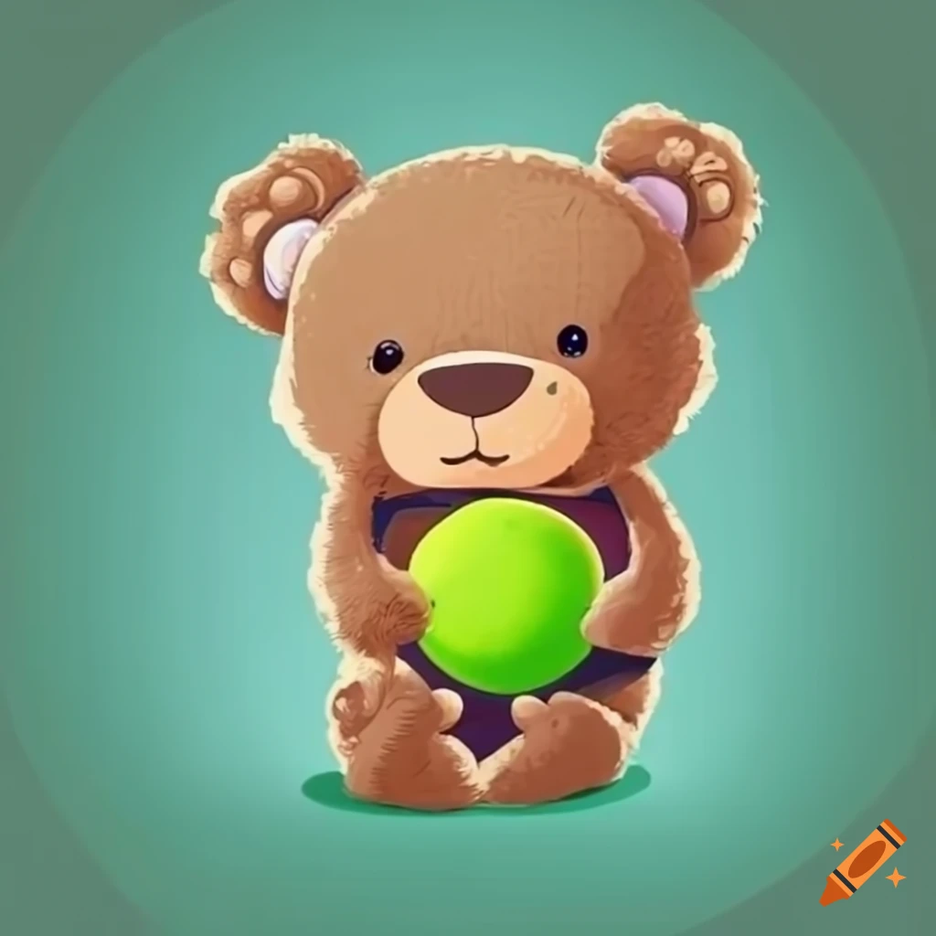 Adorable baby girl in a bear mask holding a green tennis ball