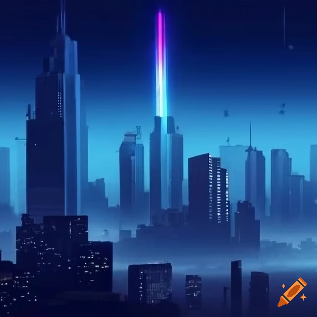 Futuristic urban city skyline with neon lights and towering skyscrapers ...
