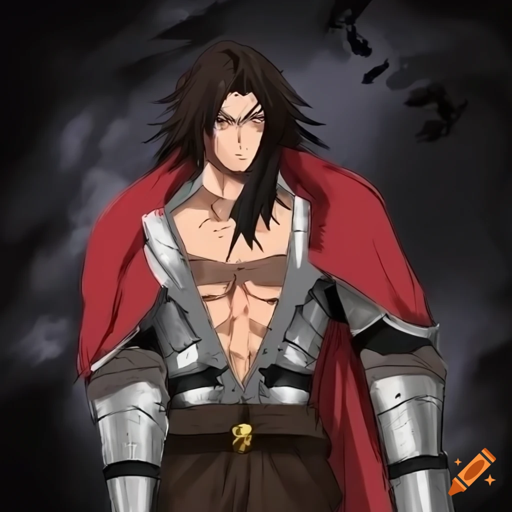 Fanart of Gyutaru Tomioka merging with Trevor Belmont in medieval knight armor with a buster sword