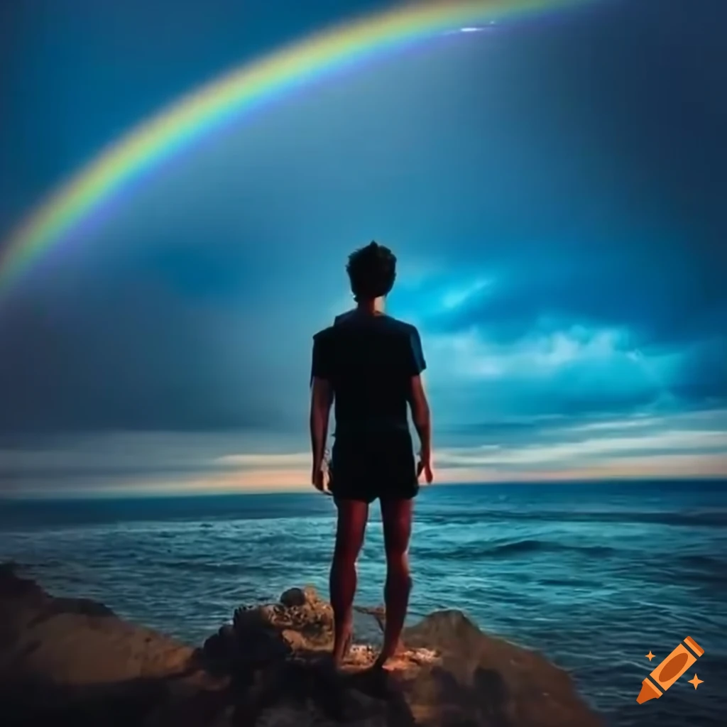 Man standing in front of ocean with a rainbow in the sky on Craiyon