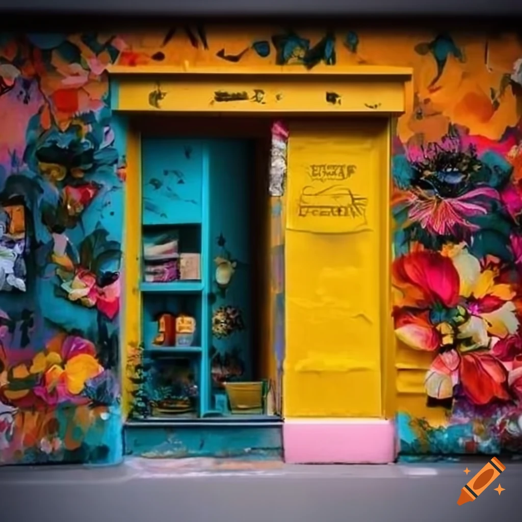 Urban store wall with modern flower and bee paint in colorful