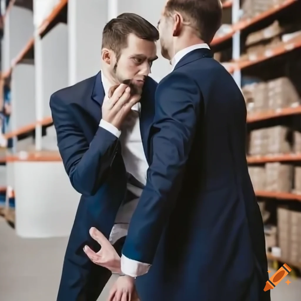 Two men in suits fighting in a warehouse on Craiyon