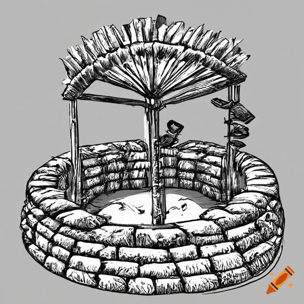 Bird's-eye view of an ancient civilization well in the desert, hand drawn in black and white
