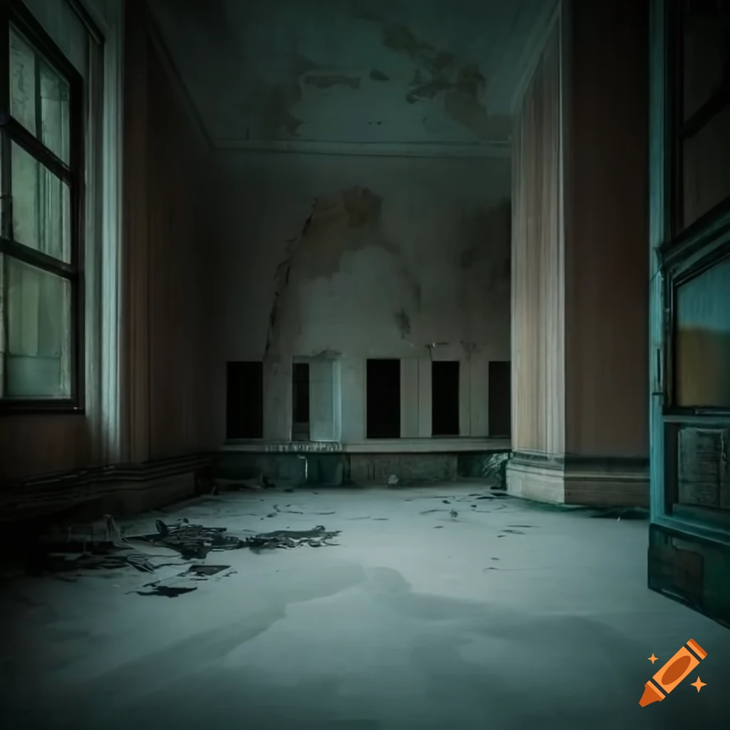 Colossal abandoned modern lobby with broken piano in golden fog