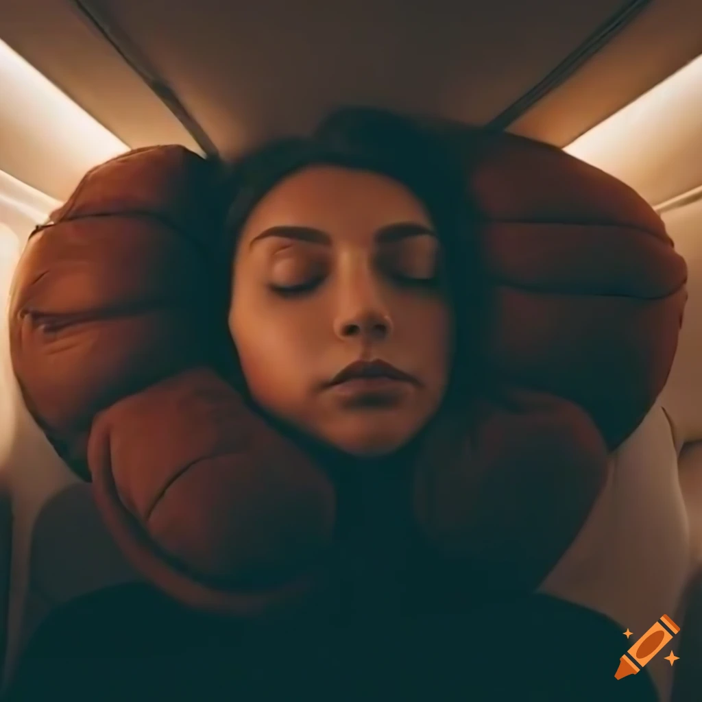 Cinematic photo of a young woman sleeping with a travel neck pillow on