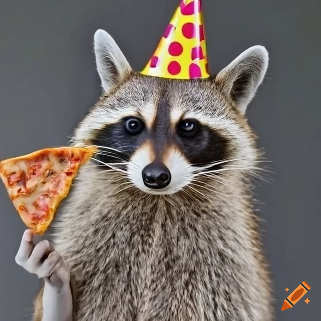 Raccoon with pink sunglasses and party hat holding pizza slices