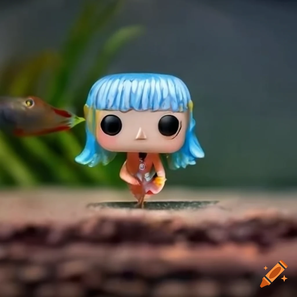 Poecilia reticulata swimming around a funko pop figurine in an aquarium