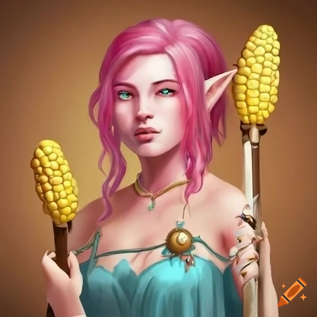 Ethereal elf cleric with pink hair holding a golden corn staff on Craiyon