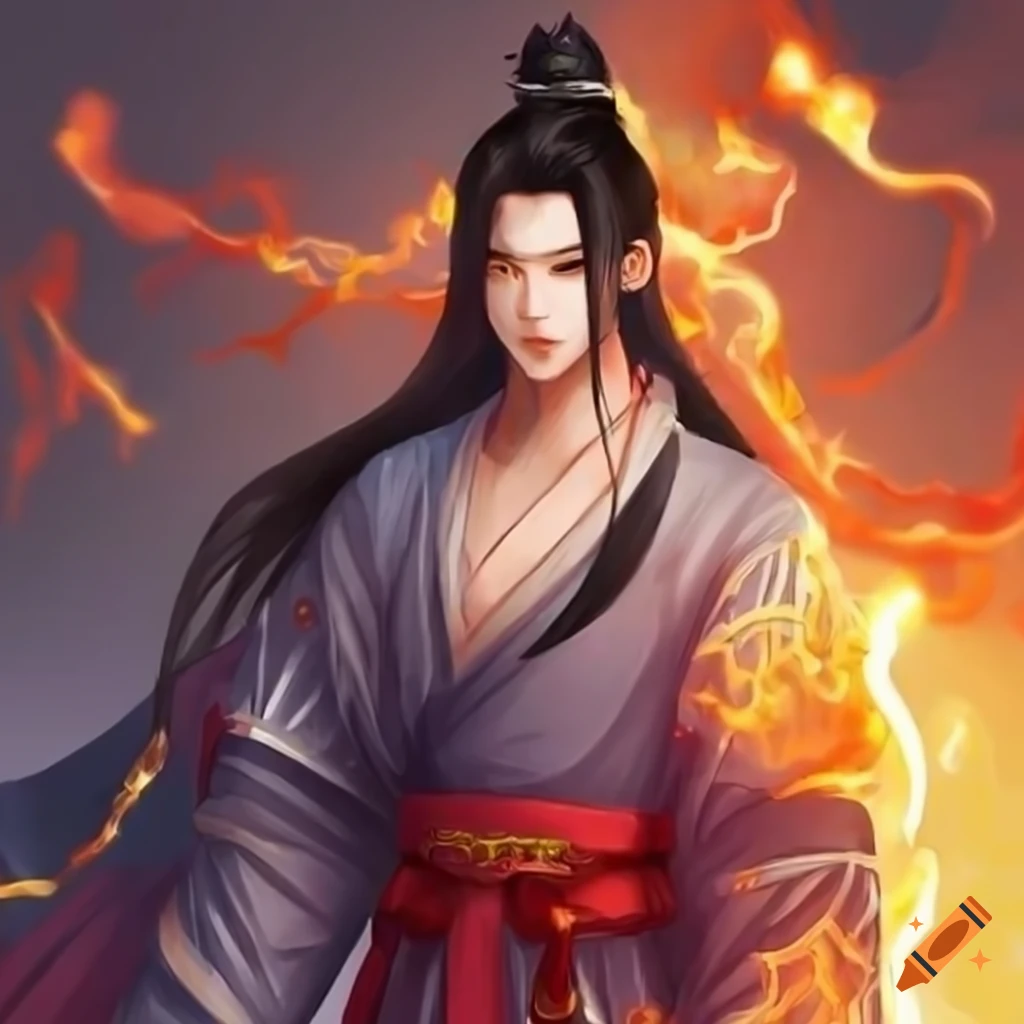 Young man with chinese xianxia style and fire powers on Craiyon