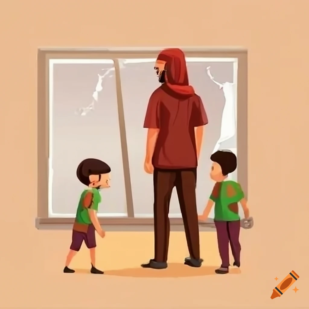 Arabic dad with his 2 sons looking at broken window on Craiyon