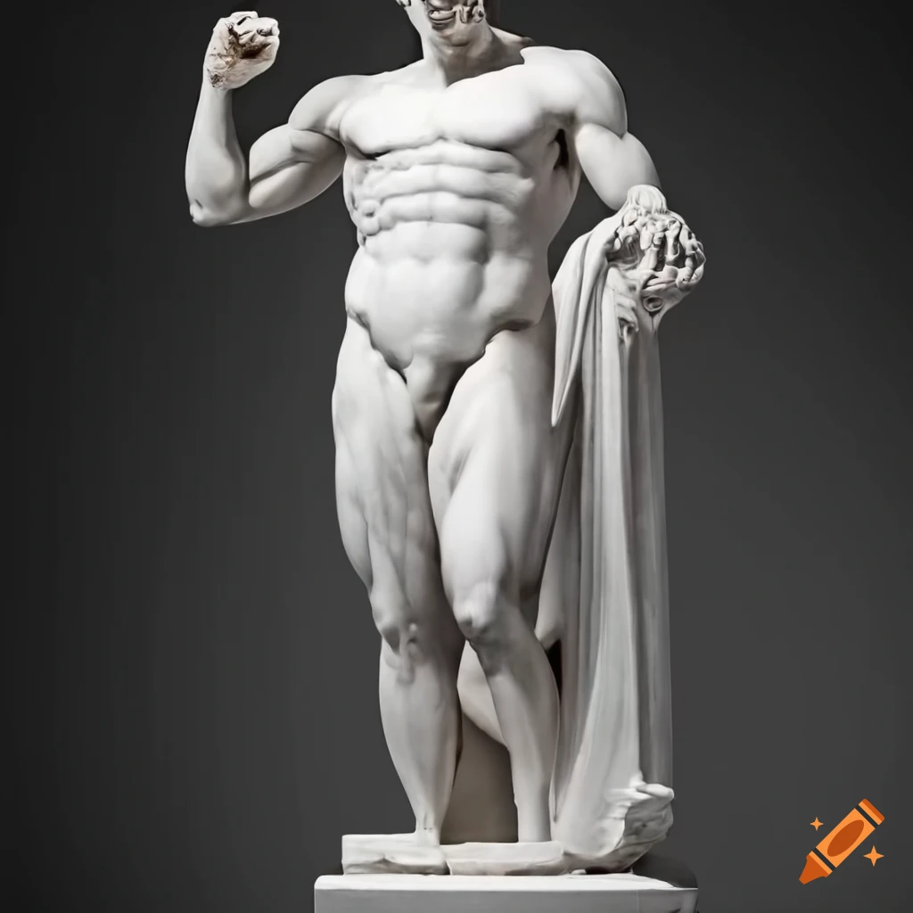 Greek statue in white marble depicting muscular figure