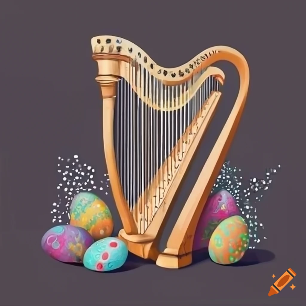 Line art of a harp with easter eggs and flowers on Craiyon