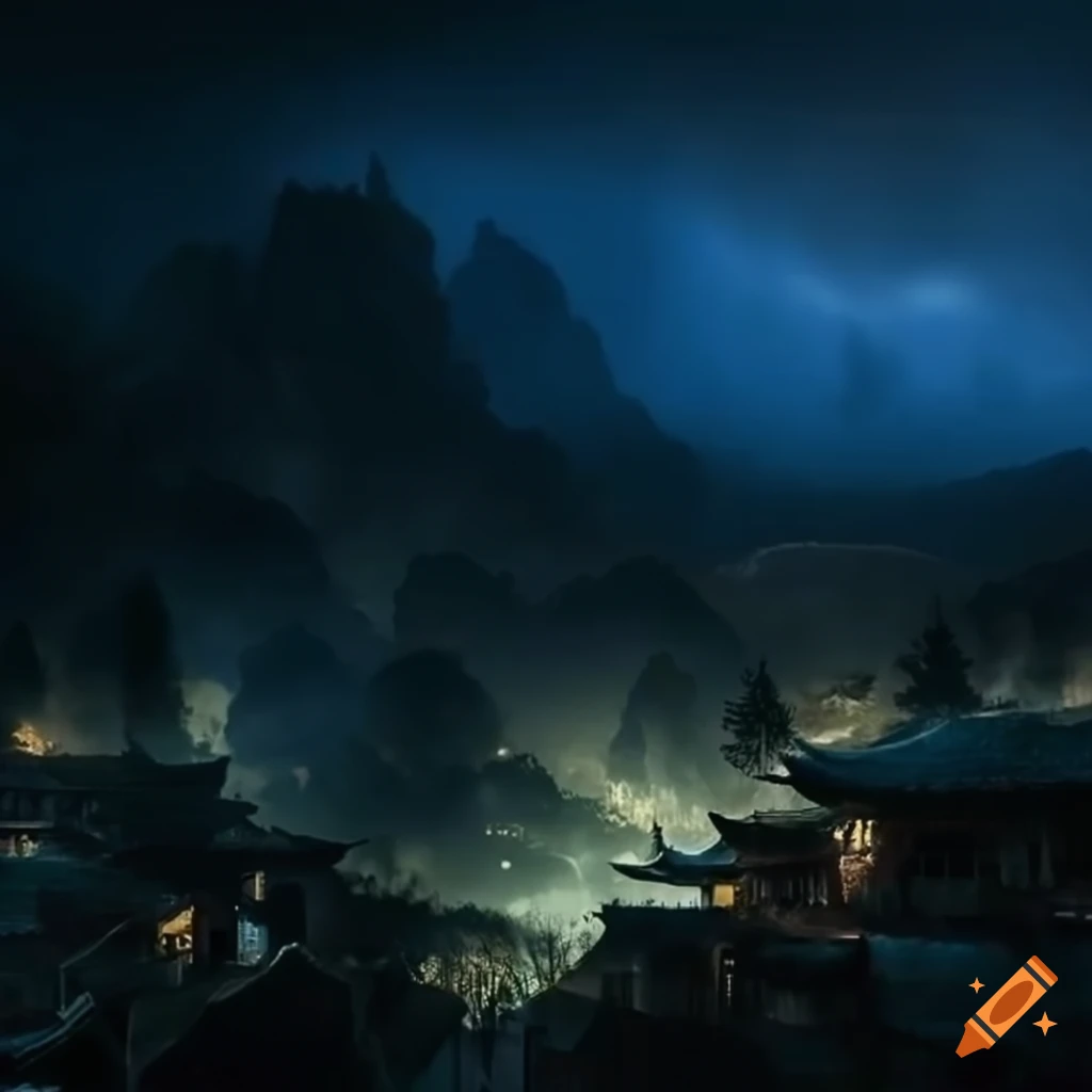 Village in China on a stormy night