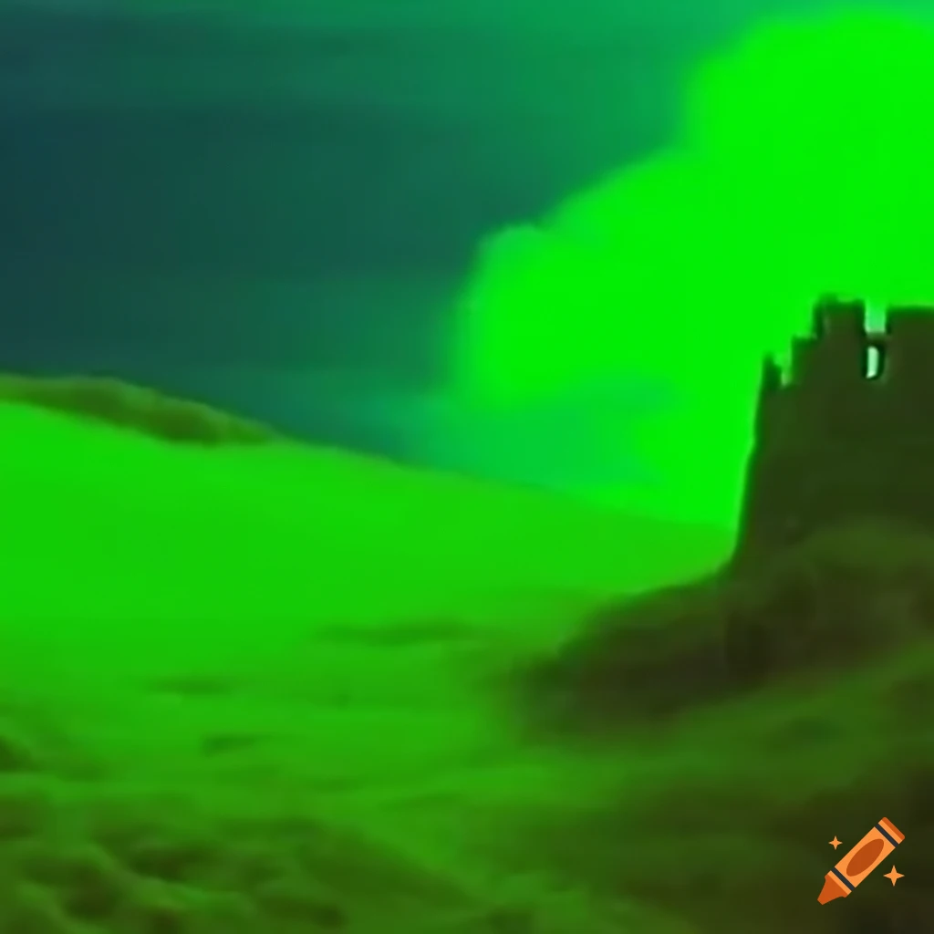 Uncanny apparition of a white castle on a green hill under a blue sky