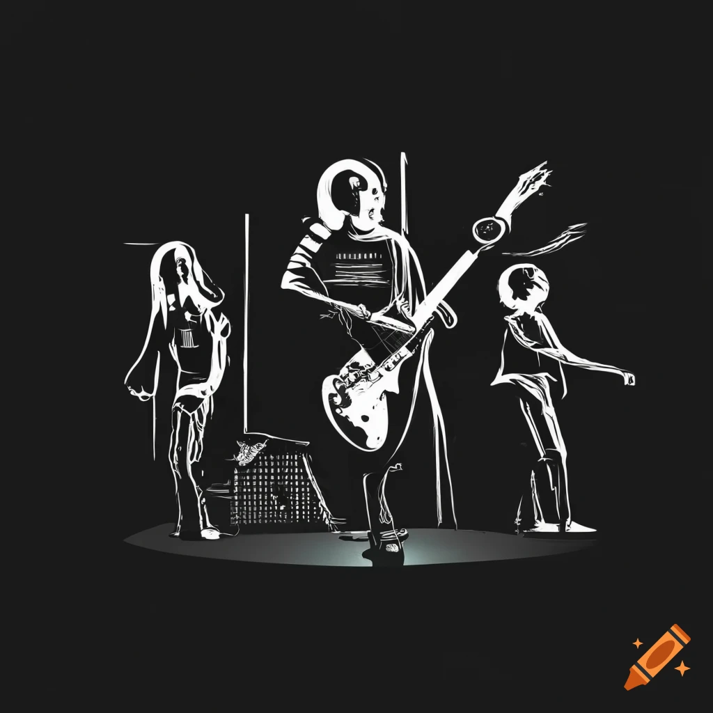 Live stage with three musicians performing in black and white vector ...