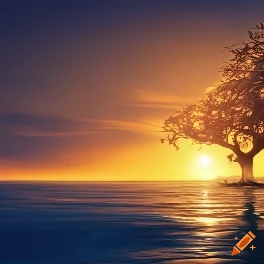 Sunset over the ocean with a silhouette of a tree on Craiyon