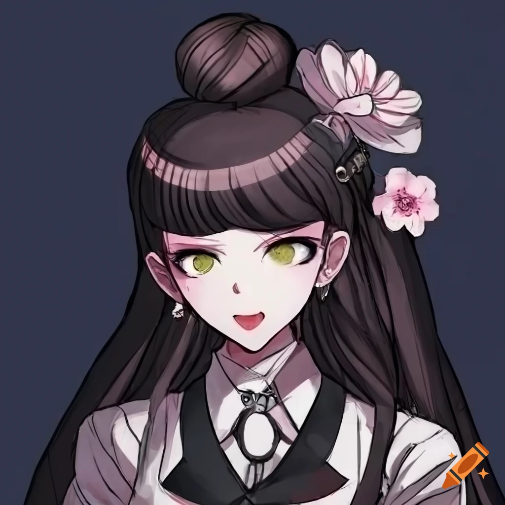 Danganronpa Chinese botanist female with black hair tied in a bun in formal attire with a flower in hair