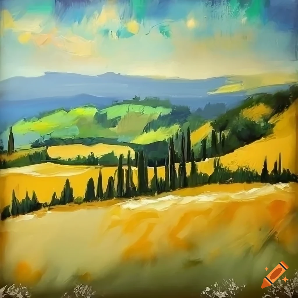 Hilly landscape in Tuscany depicted in oil painting