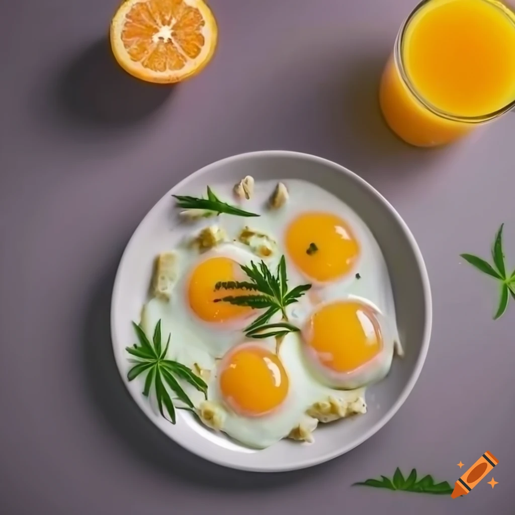Cannabis breakfast of bacon, eggs, and cheese with orange juice on the