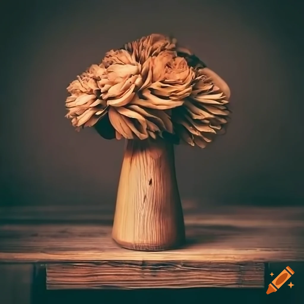 Wooden flower arrangement in a wooden vase