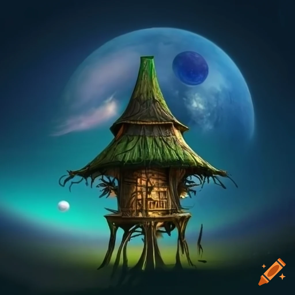 Fantasy elven treehouse with planets visible in the night sky