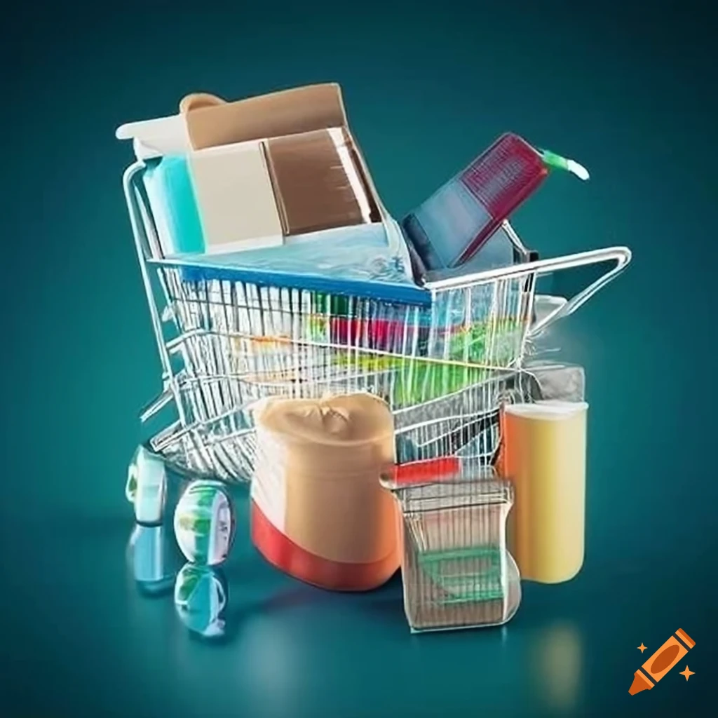 Diverse array of everyday products neatly arranged on shelves or in shopping carts