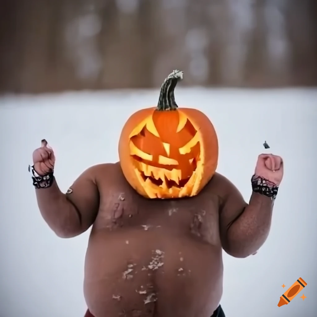 Man carving pumpkins in the snow while wearing a dress