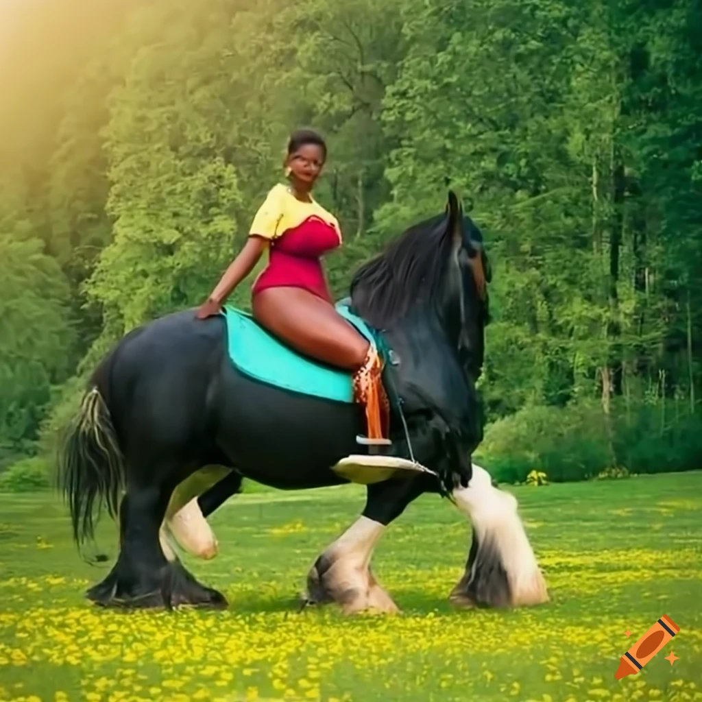 African woman riding a shire horse in a green meadow with flowers, with a forest in the background