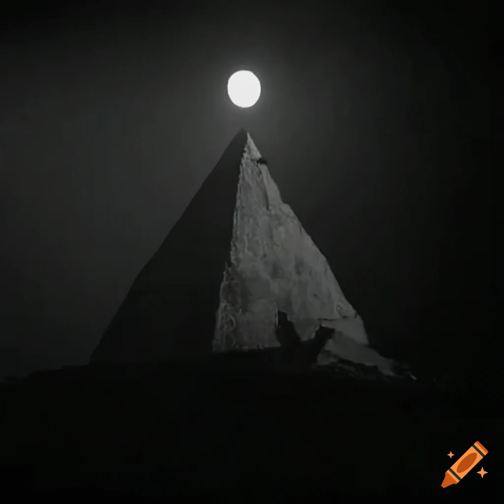 Surreal desert landscape with pyramid, tree, and cloaked figure, from a 1970s black and white horror film