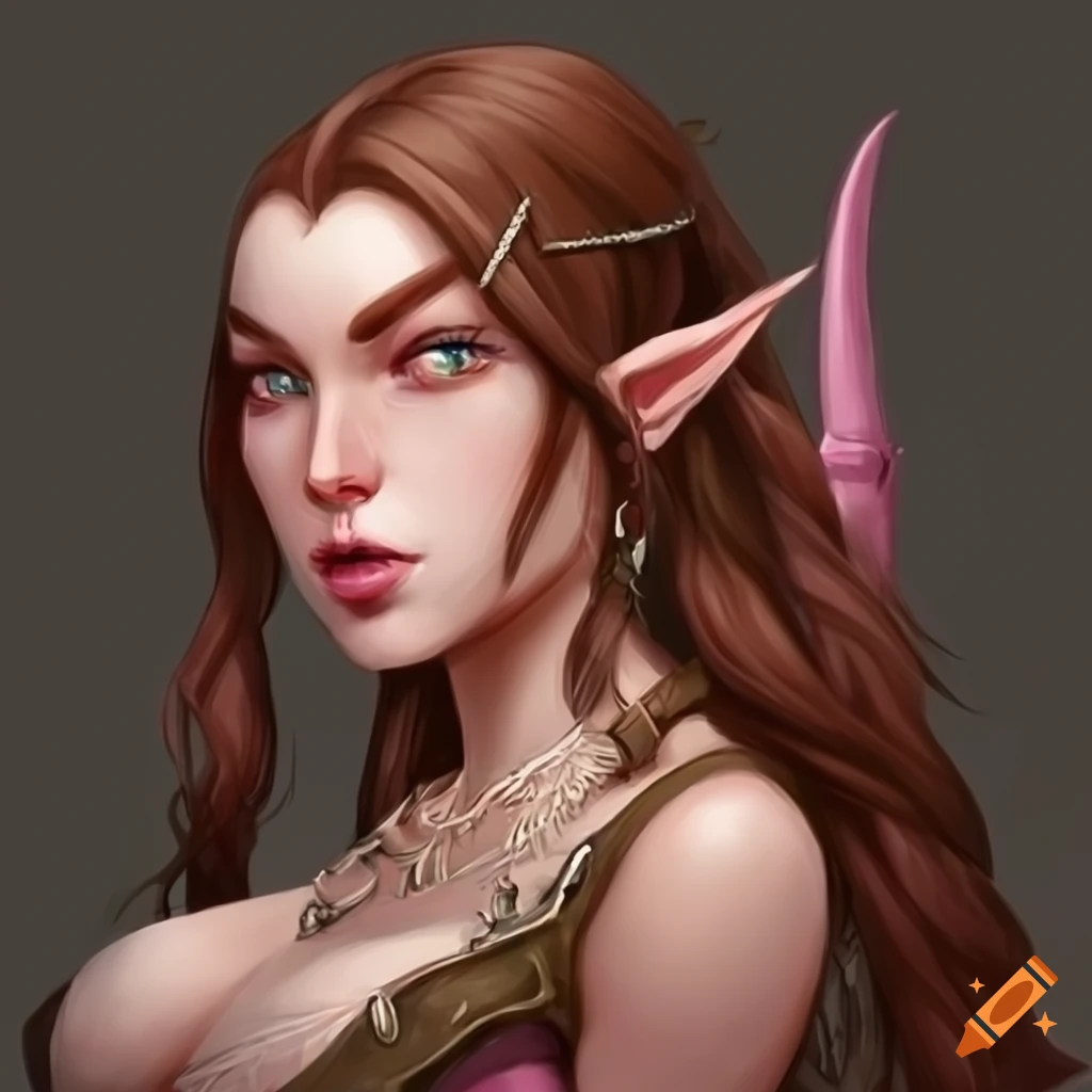 Wood elf barbarian with long brown hair and green eyes wearing a beautiful pink necklace