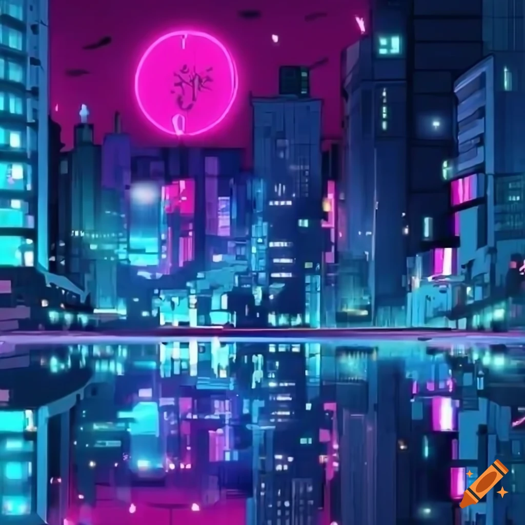 Cityscape illuminated with cyan and magenta lights in high definition ...