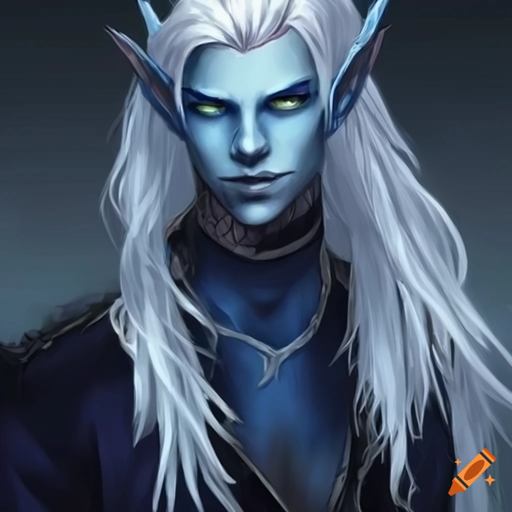 Male elf with dark blue skin and white hair on Craiyon