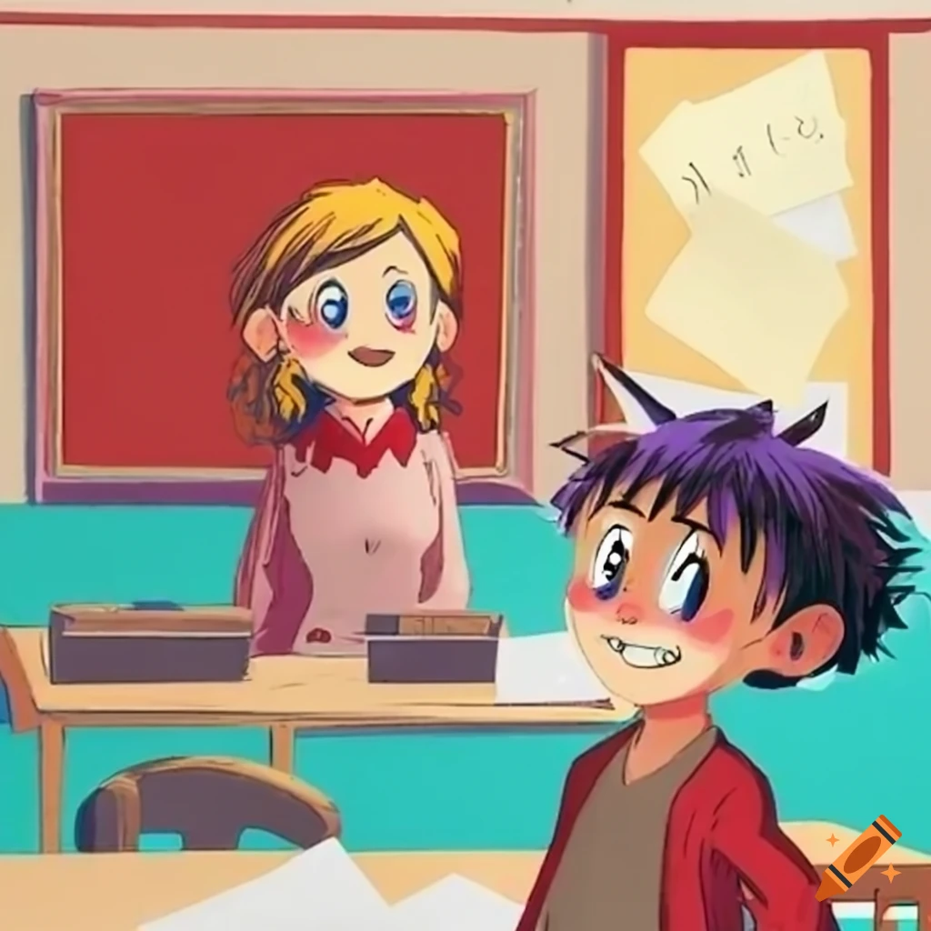 Comic of classroom scene with teacher handing back graded papers on Craiyon