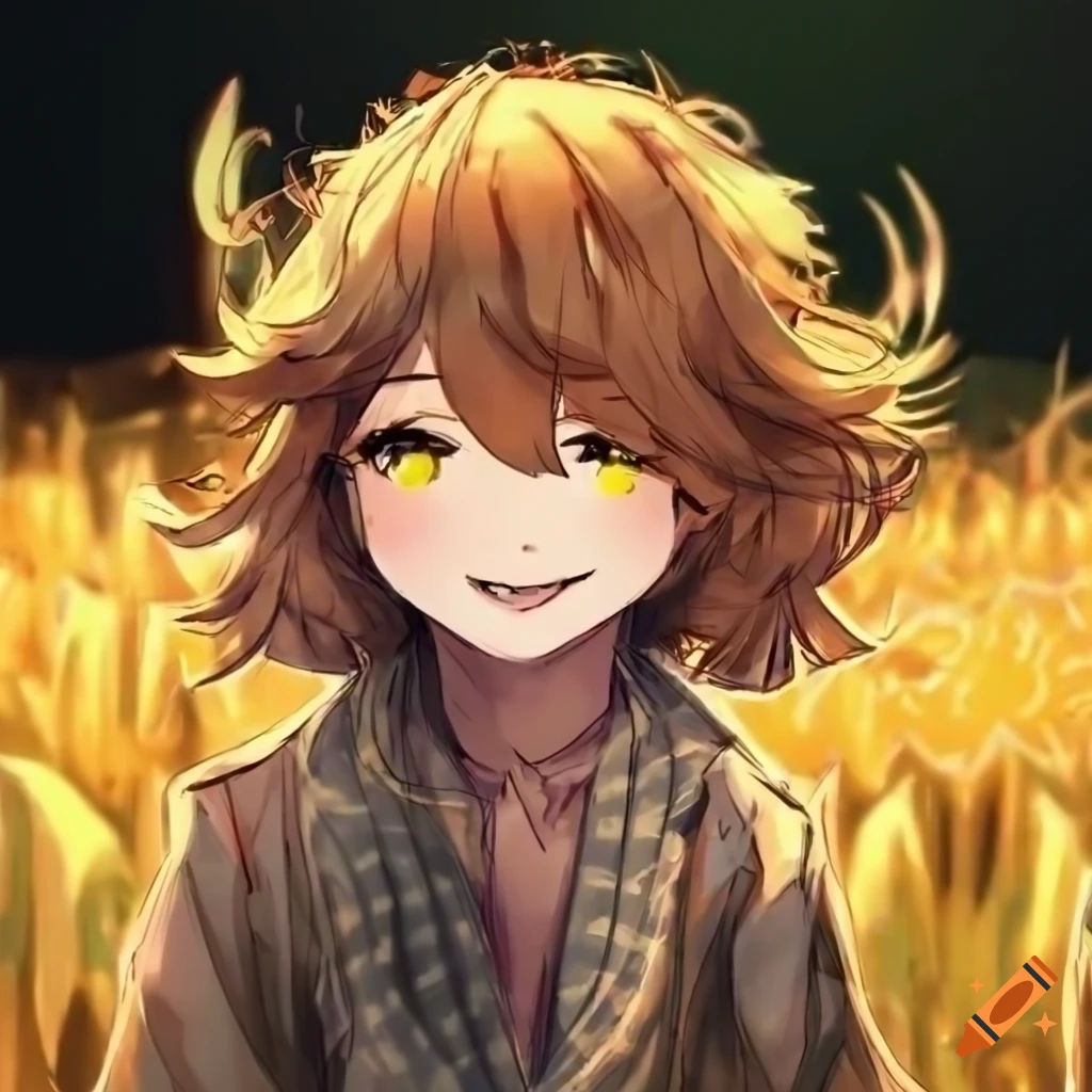 Scarecrow child VTuber in a cornfield
