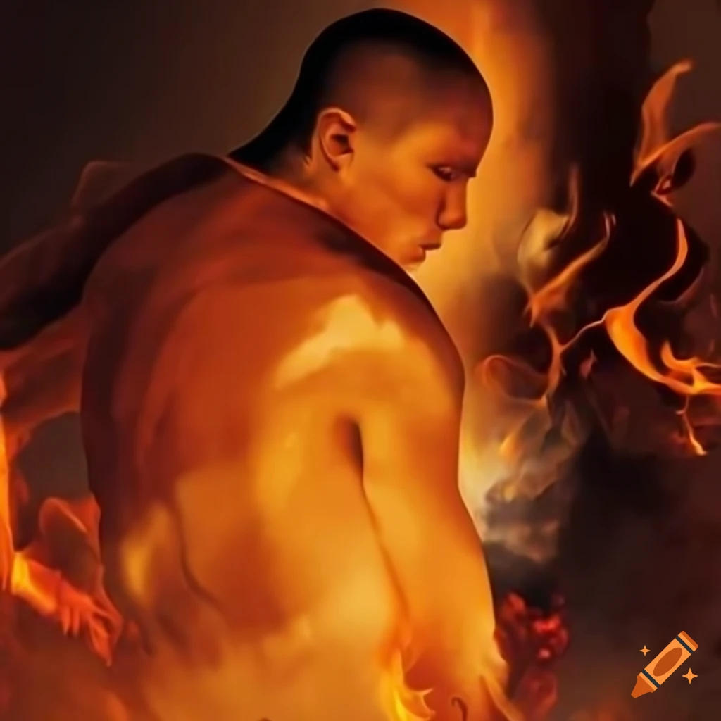 Shaolin monk in 1920 with smog and fire in the background