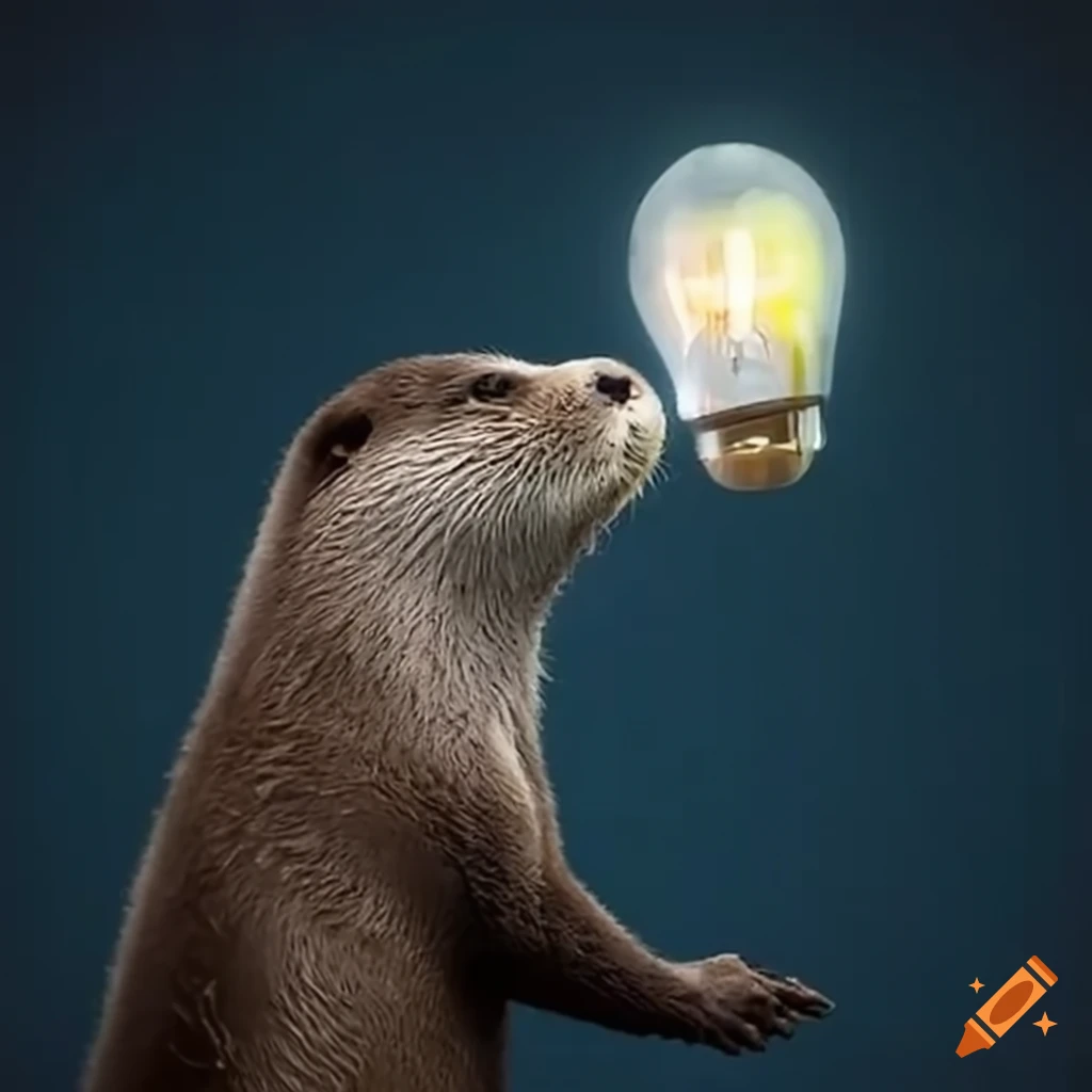 Smiling otter holding a glowing light bulb