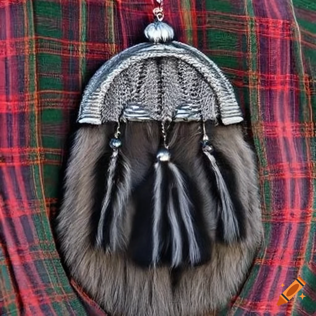 Scottish sporran with three long raccoon tail tassels on Craiyon