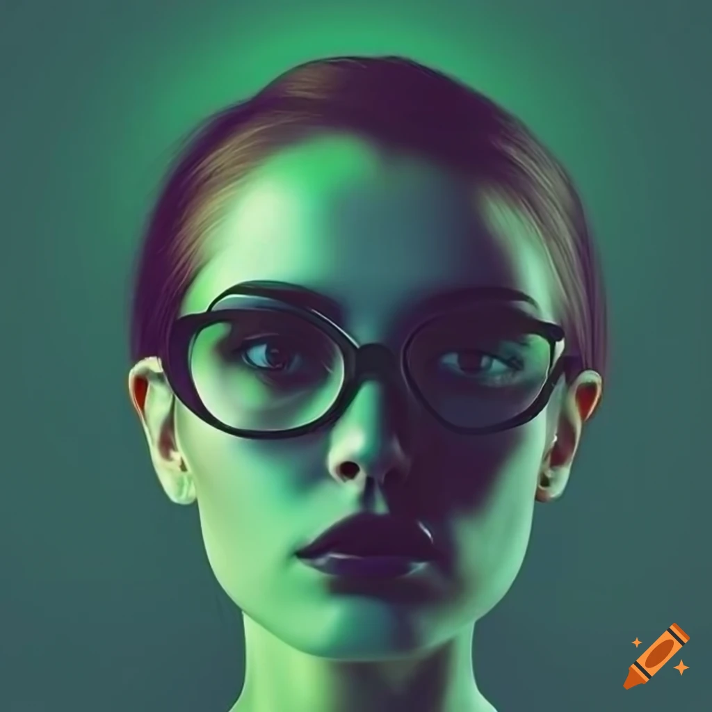 Template of a woman in Apple Vision Pro with half green and half black solid color gradient