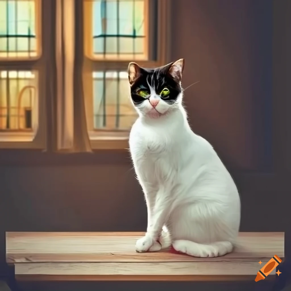 Cute white and black cat in Italian Renaissance style sitting on a table