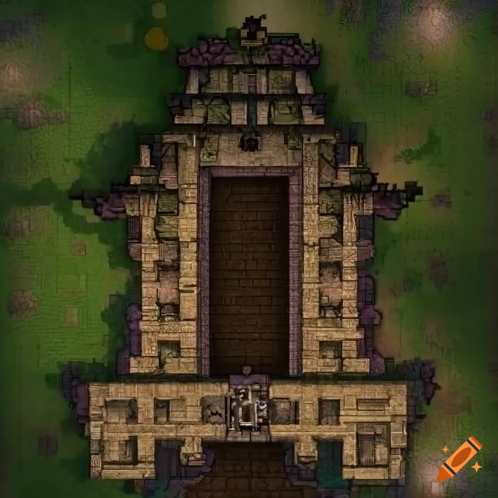 Topdown level design of a fantasy forest with entrance to temple for