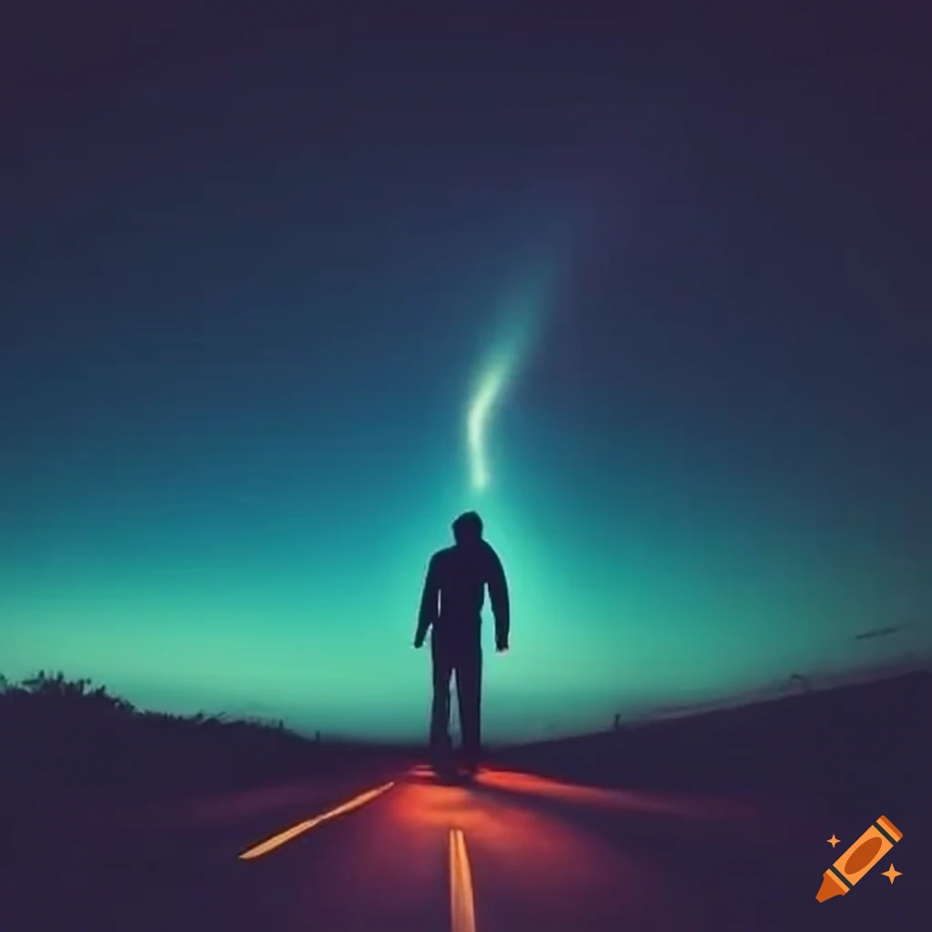 Cinematic spooky style image of a highway at night with a hitchhiker asking for a lift