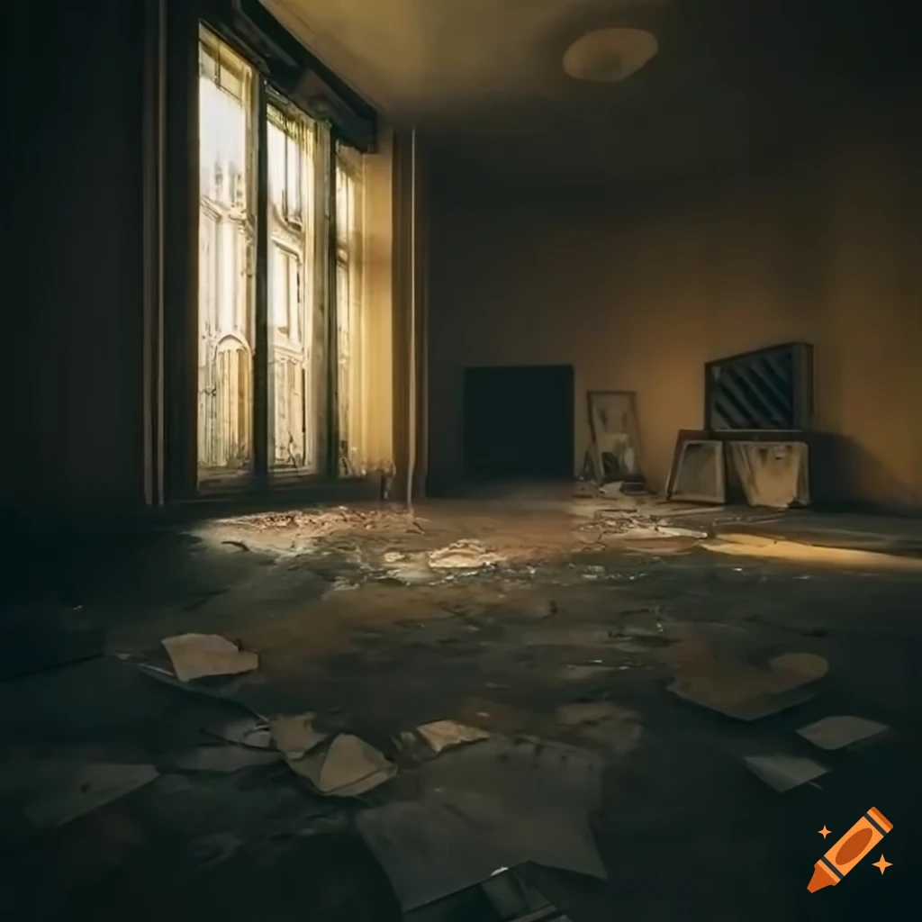 Colossal abandoned modern lobby with broken piano in golden fog