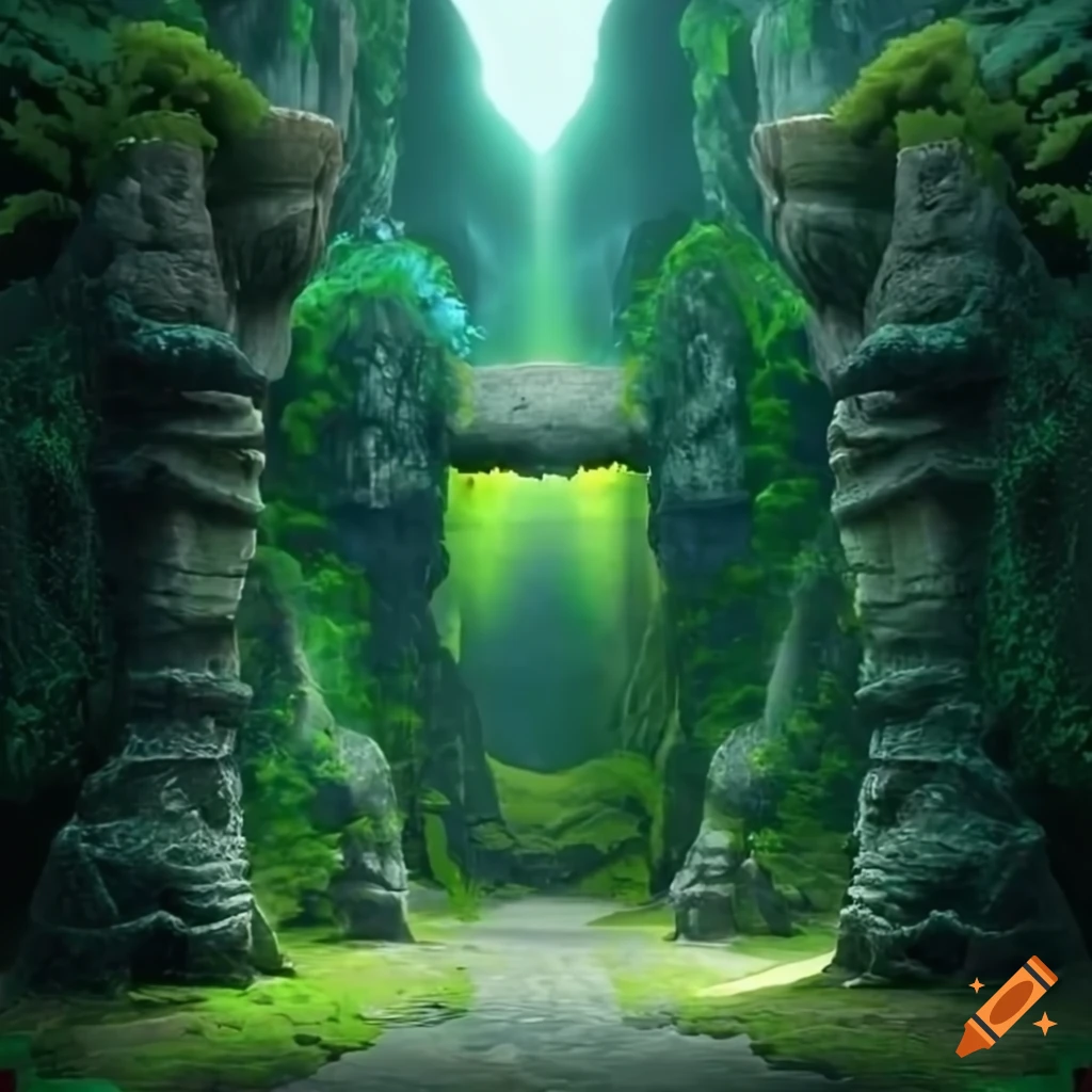 Prismatic stunning lighting in a forest island with an ancient stone ...
