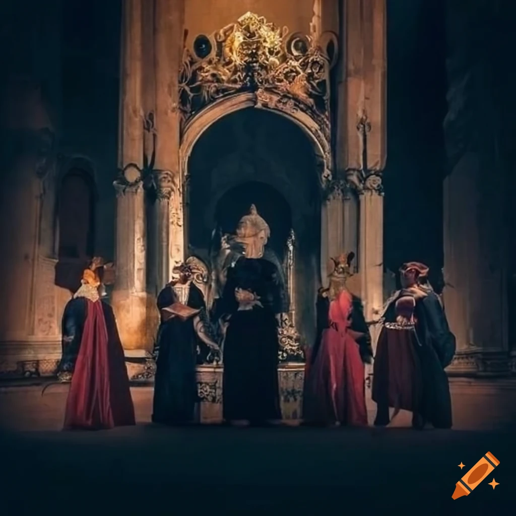 Four friends in renaissance costumes standing in front of the Doge Palace in Venice