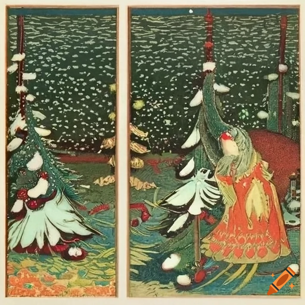 Highly detailed christmas tree made of feathers in a festive forest 