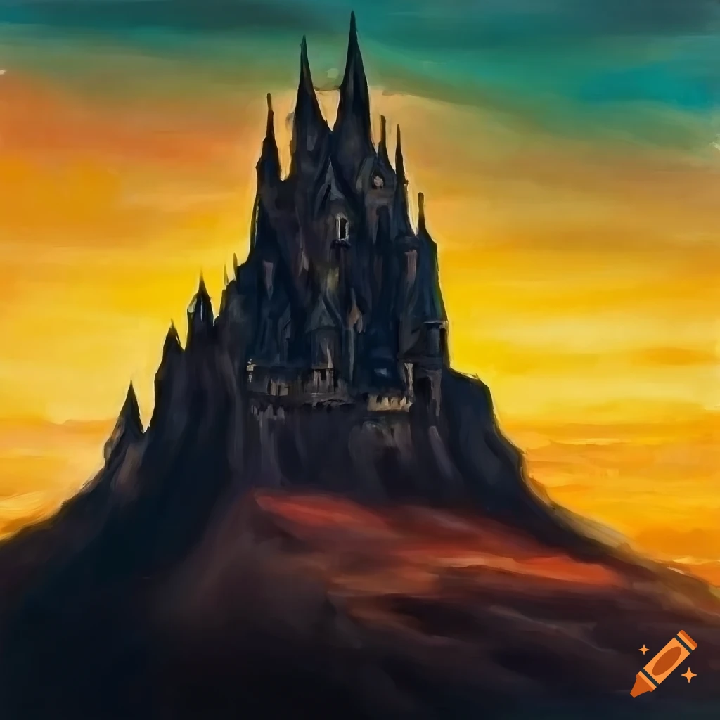 Dark castle on a mountain during a golden sunset in oil painting on Craiyon