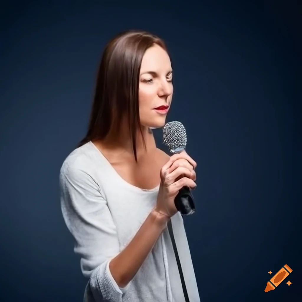 German woman holding a microphone