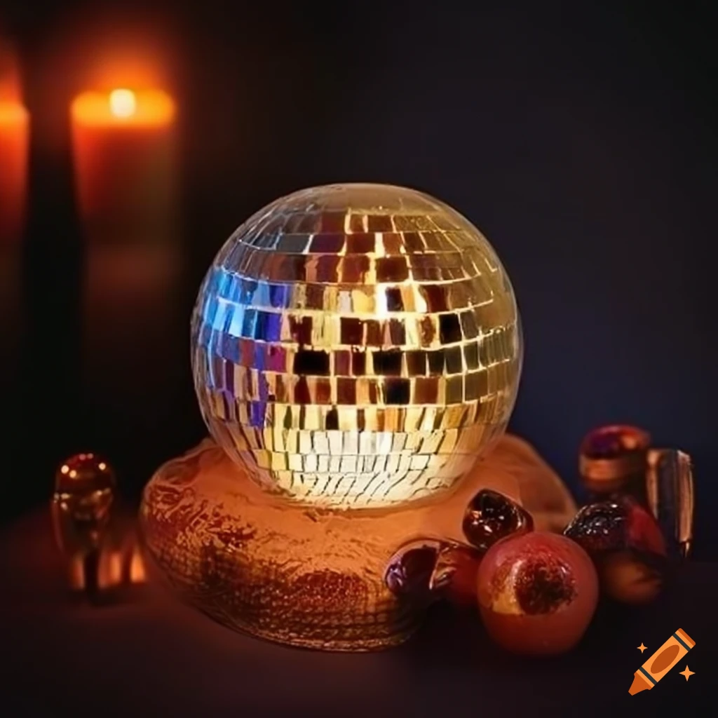 Sparkling disco ball with a spellbound crystal ball and candle altar